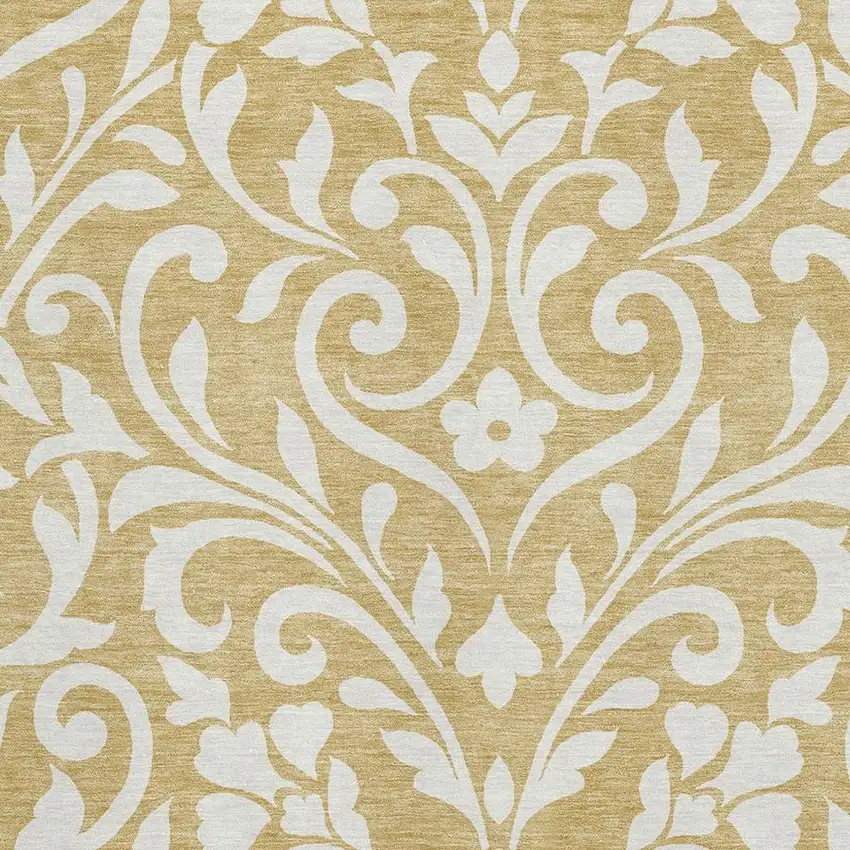 Gold And Ivory Floral Washable Area Rug With UV Protection Photo 3
