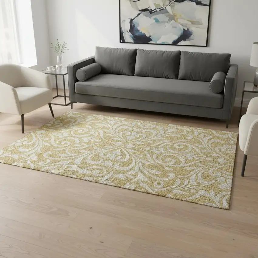 Gold And Ivory Floral Washable Area Rug With UV Protection Photo 2