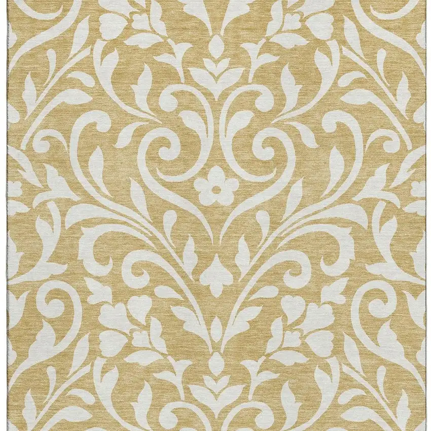 Gold And Ivory Floral Washable Area Rug With UV Protection Photo 4