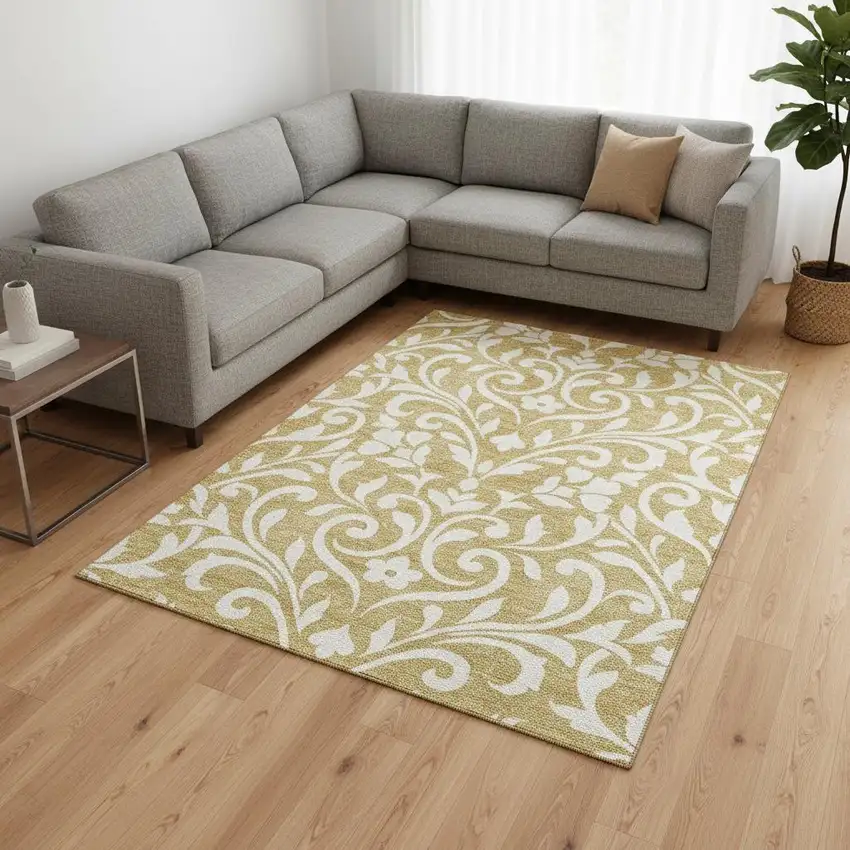 Gold And Ivory Floral Washable Area Rug With UV Protection Photo 2
