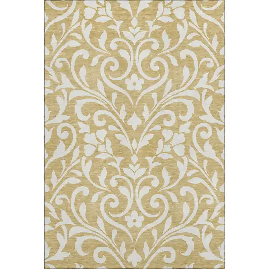 Gold And Ivory Floral Washable Area Rug With UV Protection Photo 1