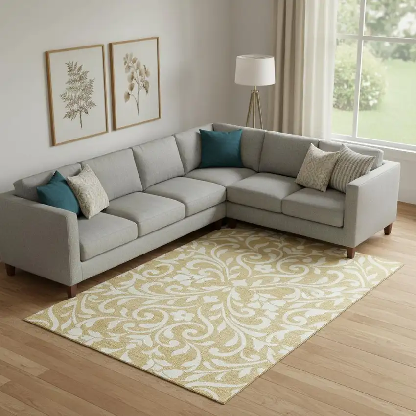 Gold And Ivory Floral Washable Area Rug With UV Protection Photo 1