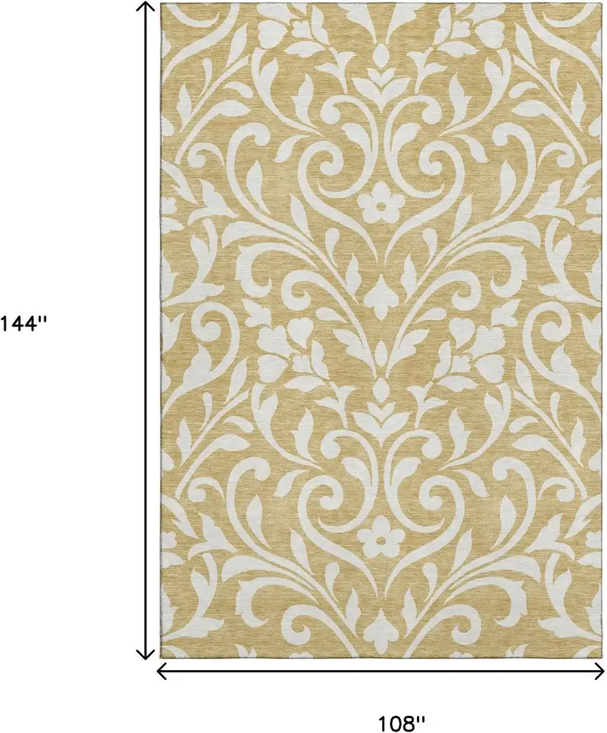 Gold And Ivory Floral Washable Area Rug With UV Protection Photo 9