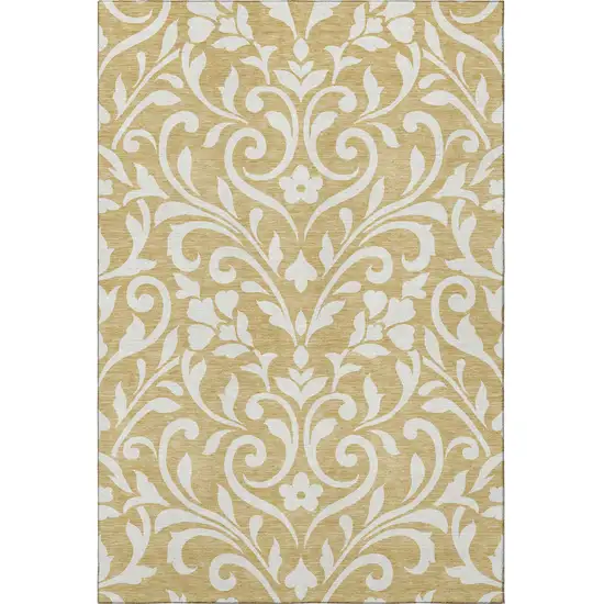 Gold And Ivory Floral Washable Area Rug With UV Protection Photo 3