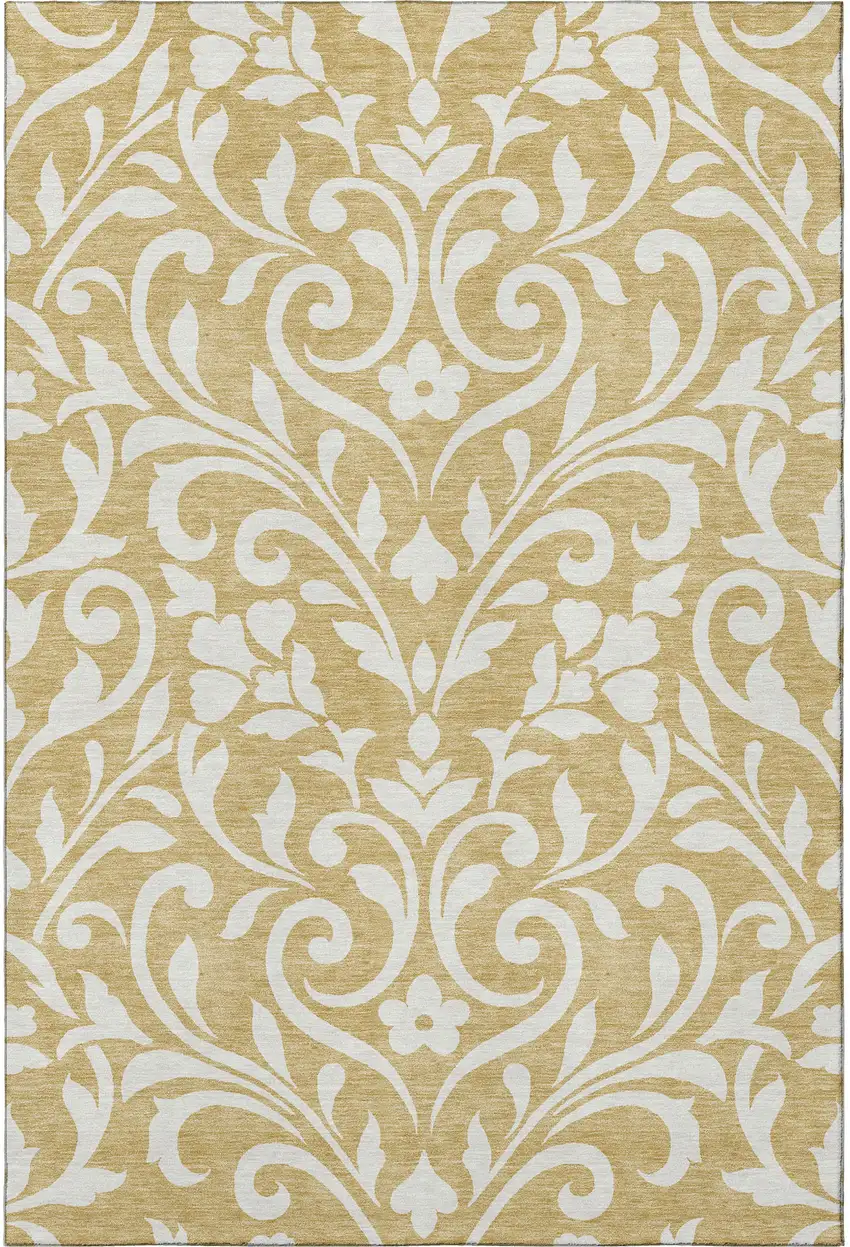 Gold And Ivory Floral Washable Area Rug With UV Protection Photo 3