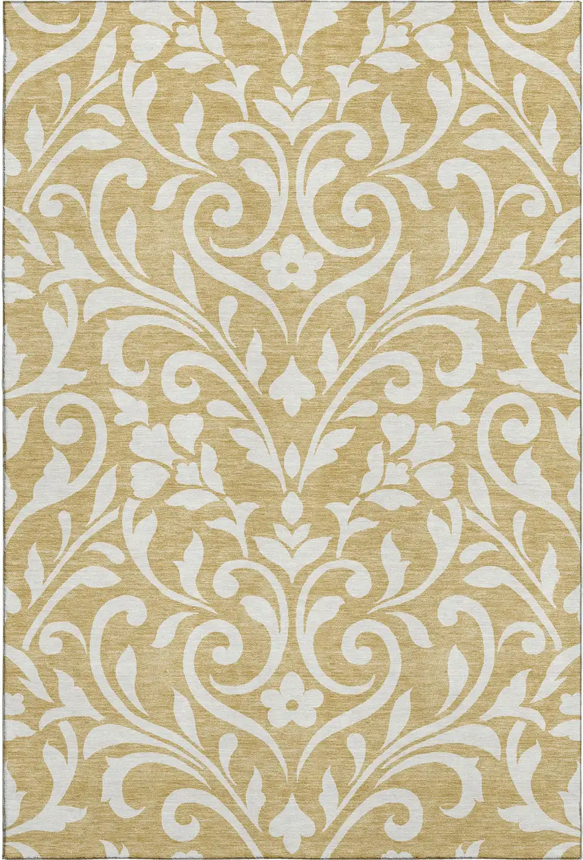 Gold And Ivory Floral Washable Area Rug With UV Protection Photo 1
