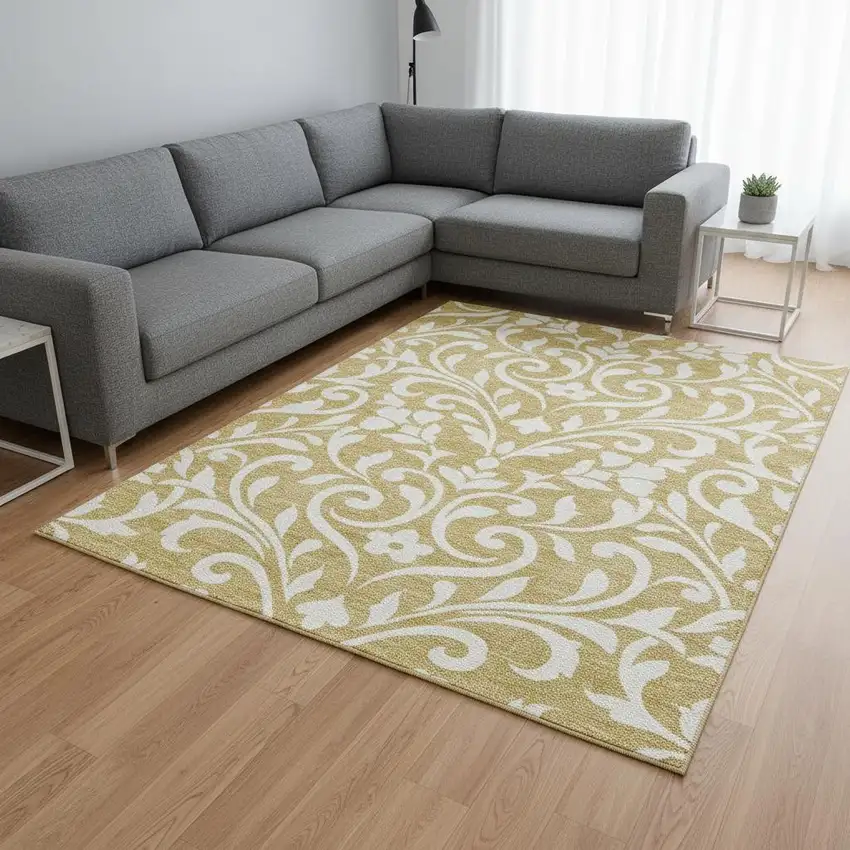 Gold And Ivory Floral Washable Area Rug With UV Protection Photo 2