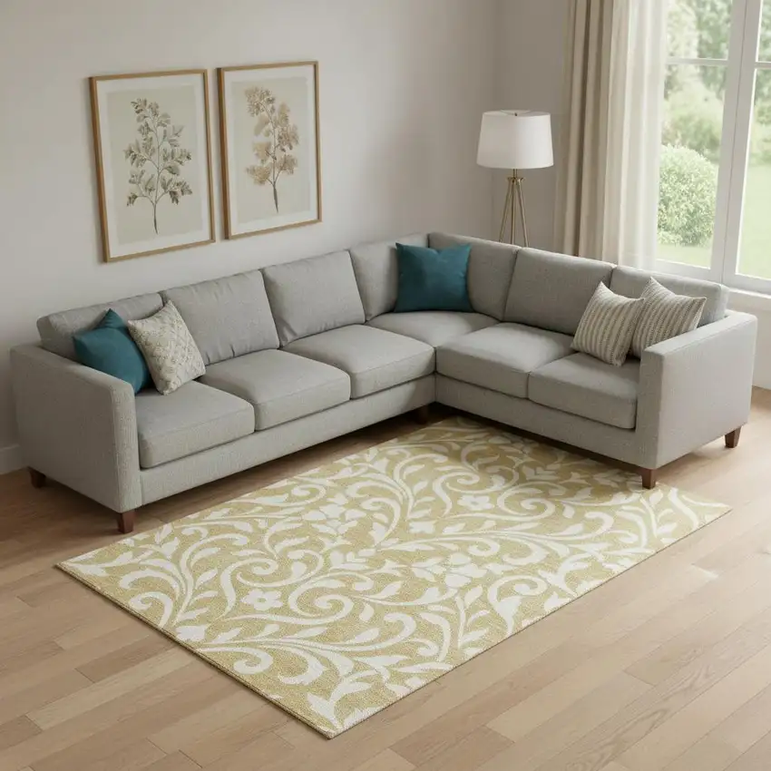 Gold And Ivory Floral Washable Area Rug With UV Protection Photo 1