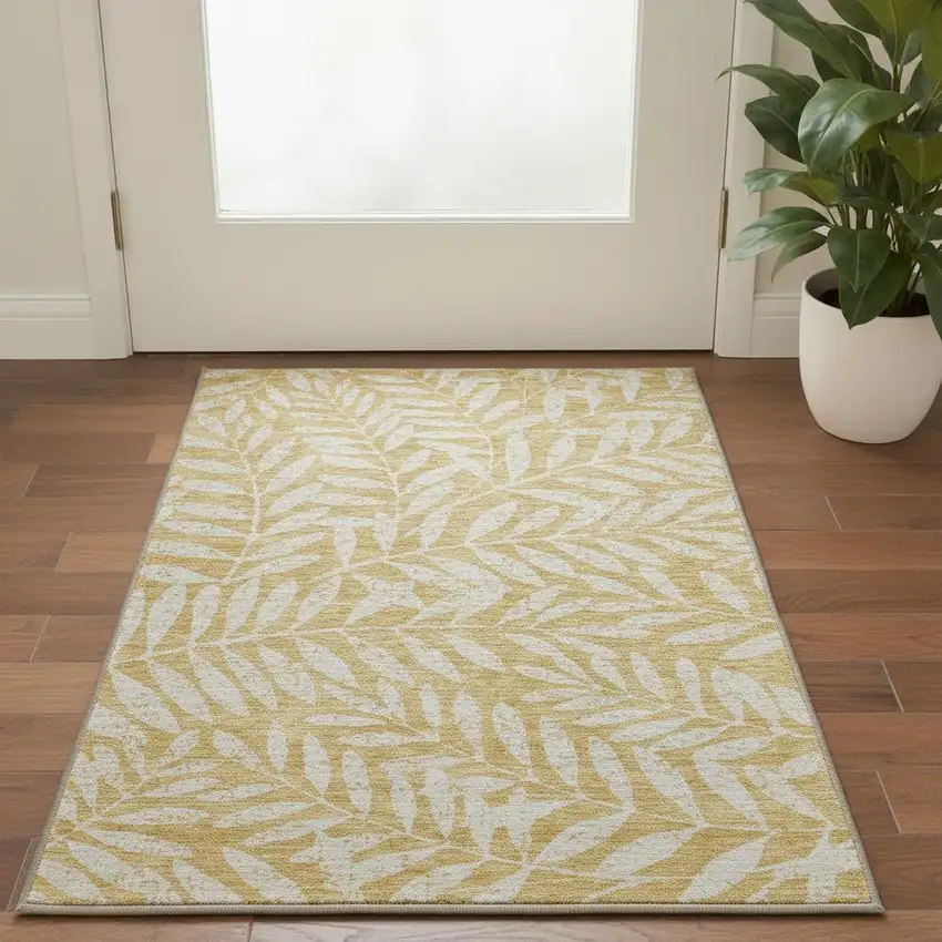 Gold And Ivory Floral Washable Area Rug With UV Protection Photo 2
