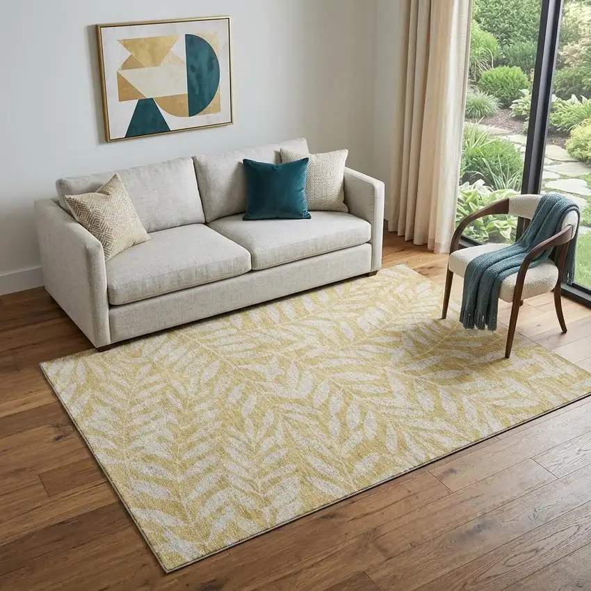 Gold And Ivory Floral Washable Area Rug With UV Protection Photo 1