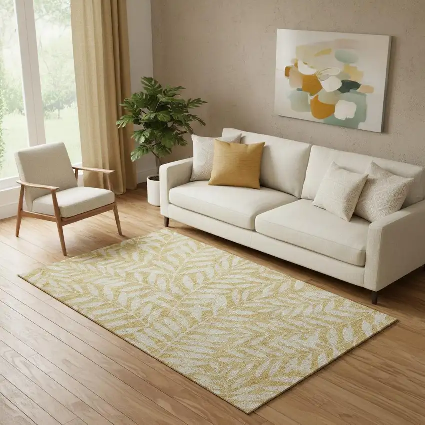 Gold And Ivory Floral Washable Area Rug With UV Protection Photo 1