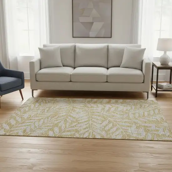 Gold And Ivory Floral Washable Area Rug With UV Protection Photo 2