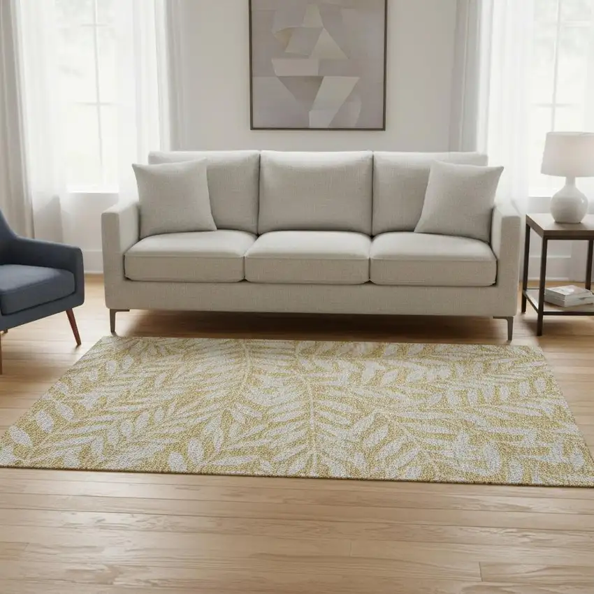 Gold And Ivory Floral Washable Area Rug With UV Protection Photo 2