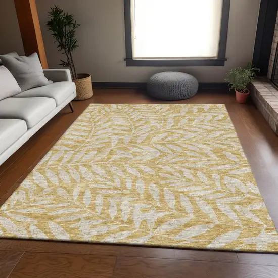 Gold And Ivory Floral Washable Area Rug With UV Protection Photo 6