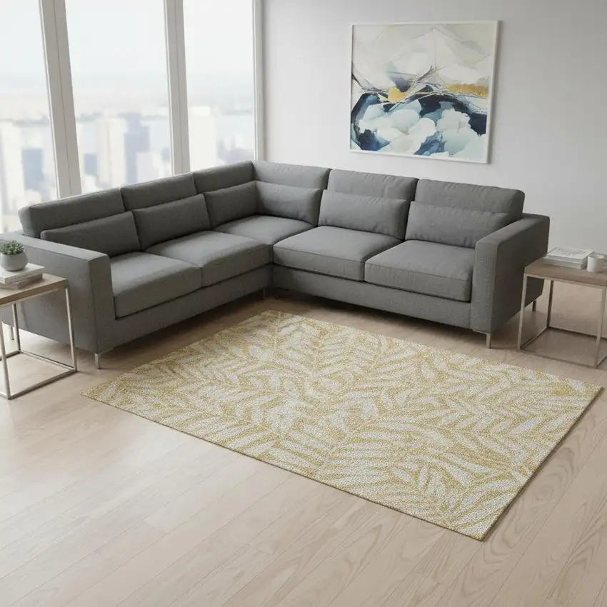 Gold And Ivory Floral Washable Area Rug With UV Protection Photo 2