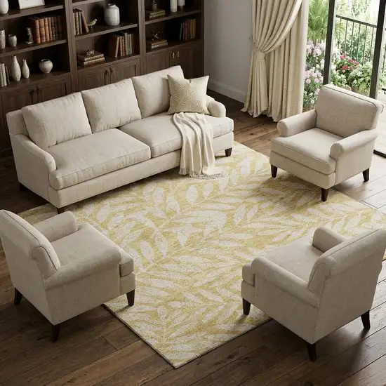 Gold And Ivory Floral Washable Area Rug With UV Protection Photo 1