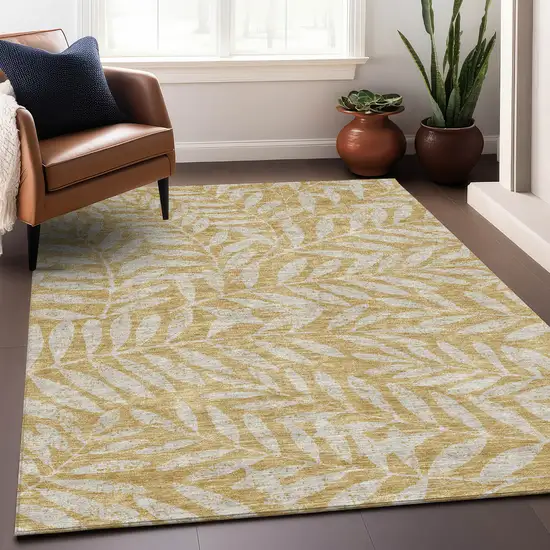 Gold And Ivory Floral Washable Area Rug With UV Protection Photo 4