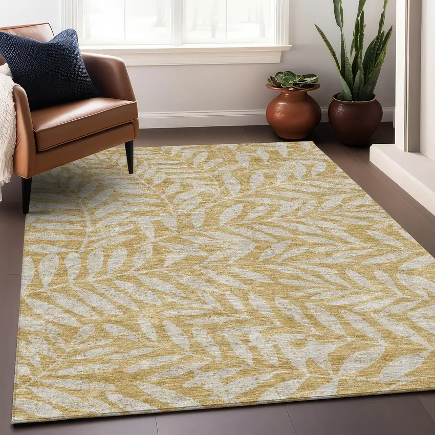 Gold And Ivory Floral Washable Area Rug With UV Protection Photo 4