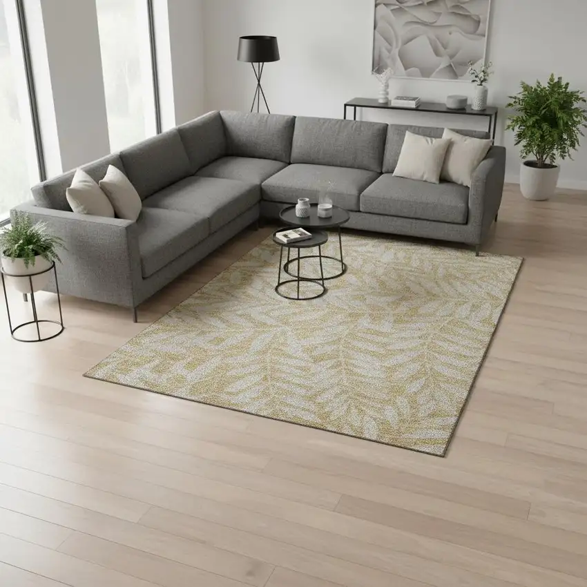 Gold And Ivory Floral Washable Area Rug With UV Protection Photo 2