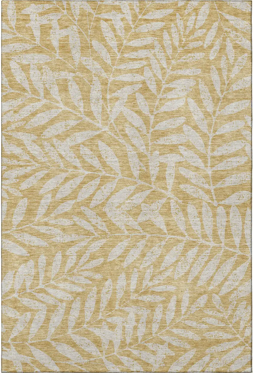 Gold And Ivory Floral Washable Area Rug With UV Protection Photo 3