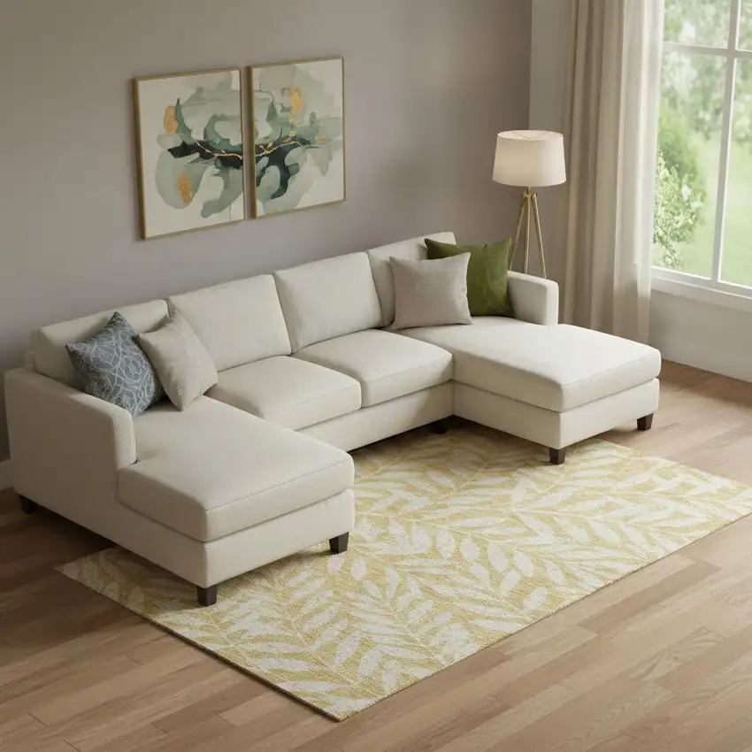 Gold And Ivory Floral Washable Area Rug With UV Protection Photo 1