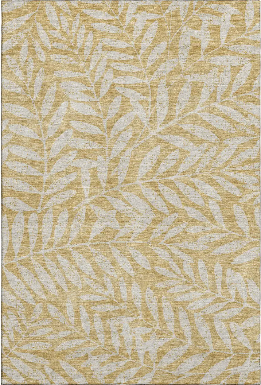 Gold And Ivory Floral Washable Area Rug With UV Protection Photo 1