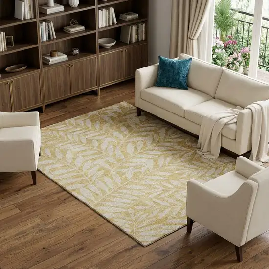 Gold And Ivory Floral Washable Area Rug With UV Protection Photo 1