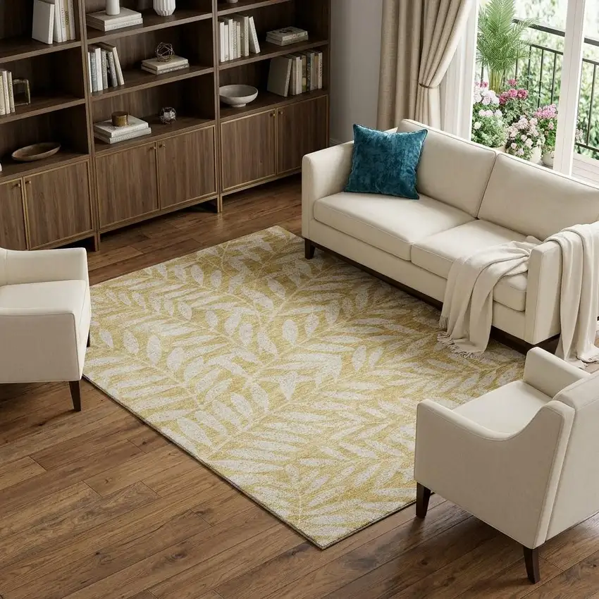 Gold And Ivory Floral Washable Area Rug With UV Protection Photo 1