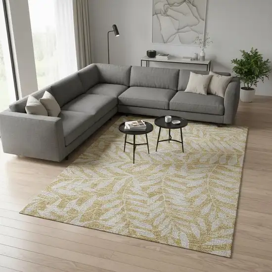 Gold And Ivory Floral Washable Area Rug With UV Protection Photo 2
