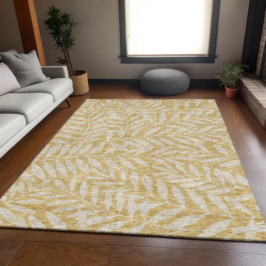Gold And Ivory Floral Washable Area Rug With UV Protection Photo 5