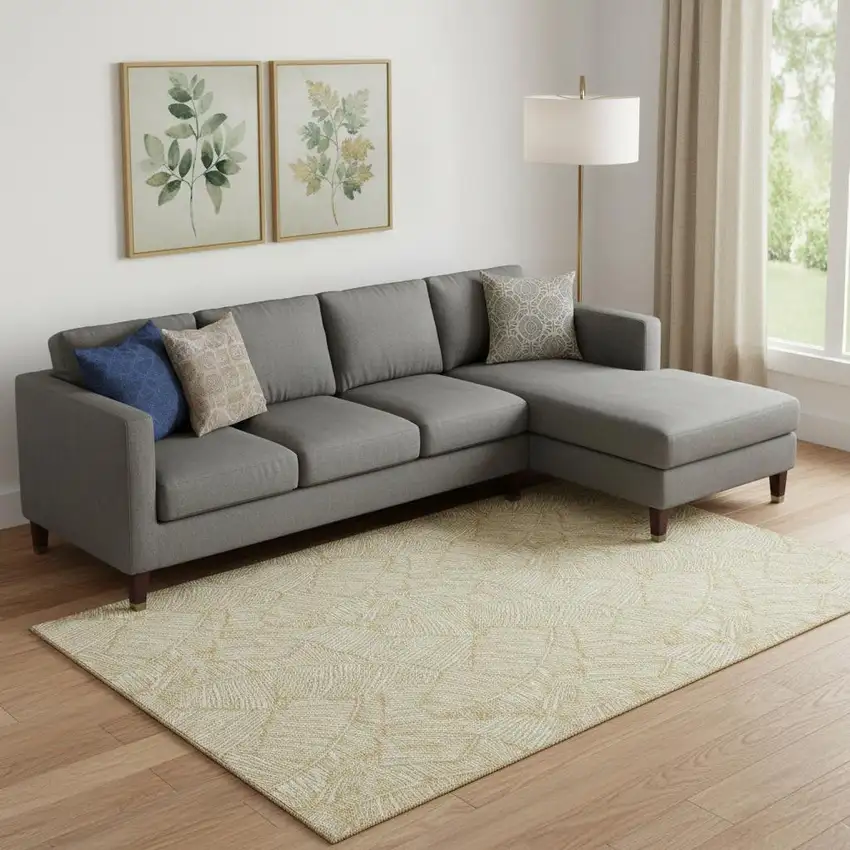 Gold And Ivory Floral Washable Area Rug With UV Protection Photo 1