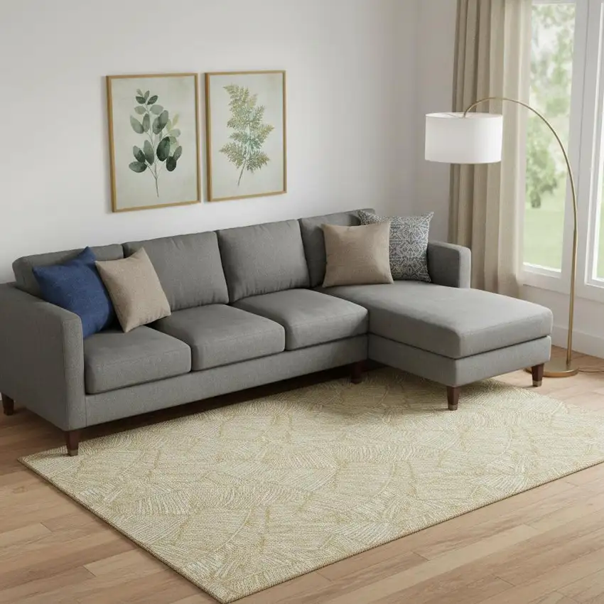 Gold And Ivory Floral Washable Area Rug With UV Protection Photo 1