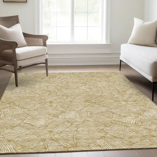 Gold And Ivory Floral Washable Area Rug With UV Protection Photo 6