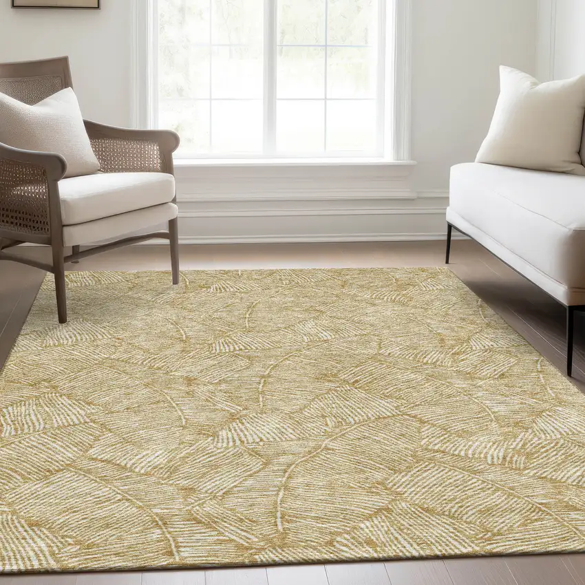 Gold And Ivory Floral Washable Area Rug With UV Protection Photo 6