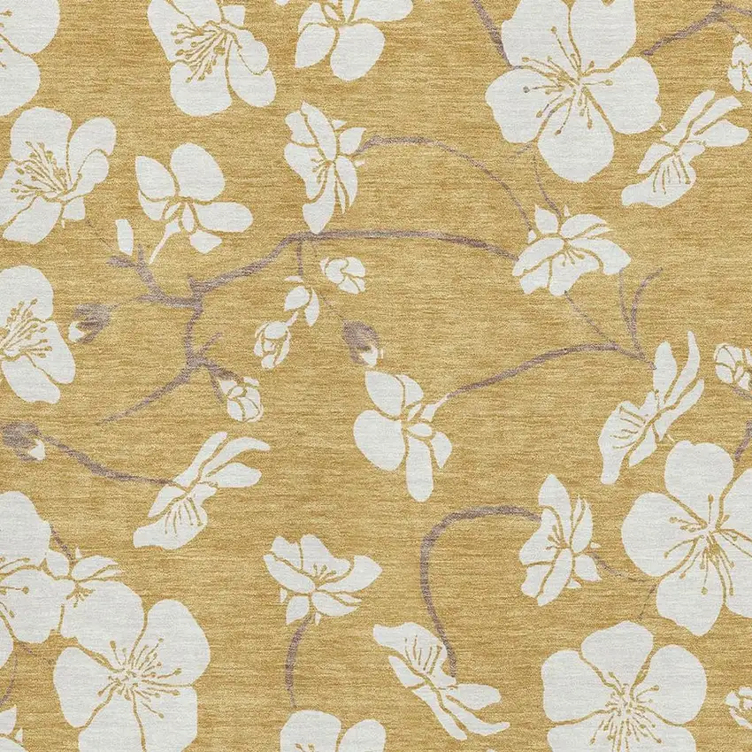 Gold And Ivory Floral Washable Area Rug With UV Protection Photo 2