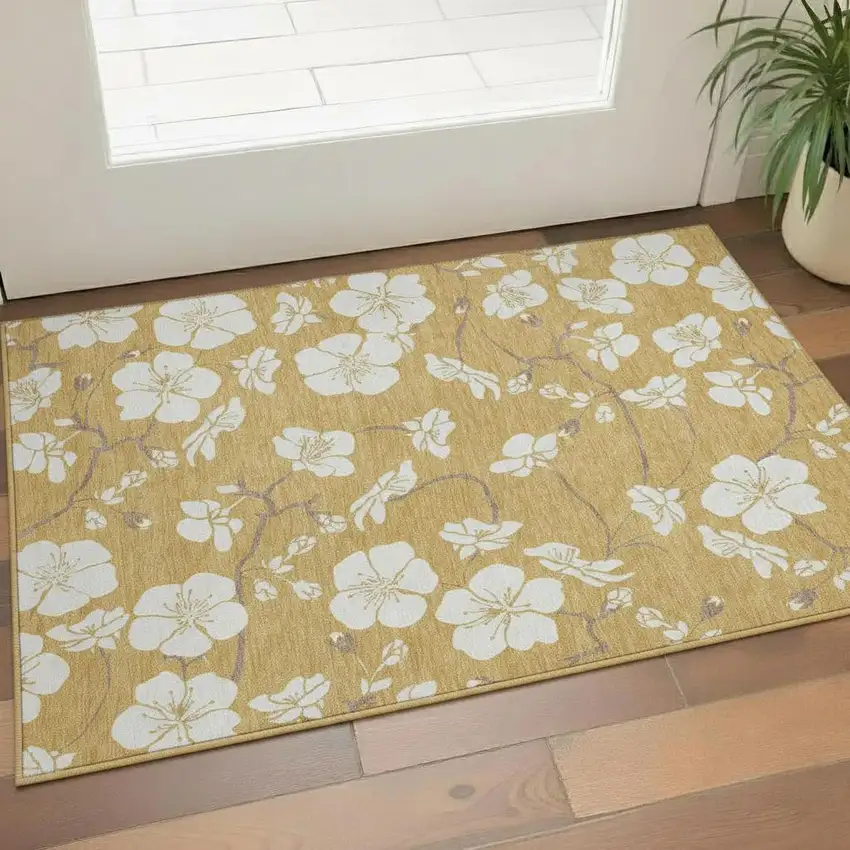 Gold And Ivory Floral Washable Area Rug With UV Protection Photo 2