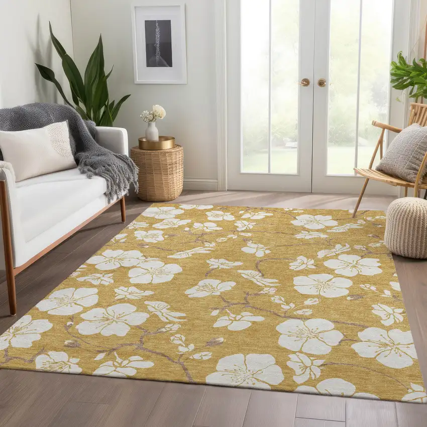 Gold And Ivory Floral Washable Area Rug With UV Protection Photo 5