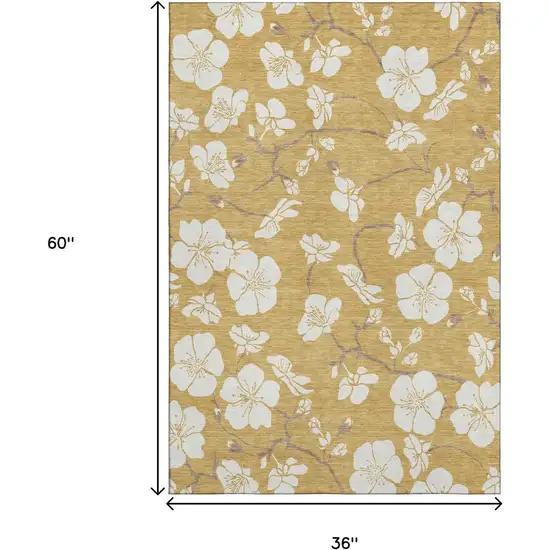 Gold And Ivory Floral Washable Area Rug With UV Protection Photo 8