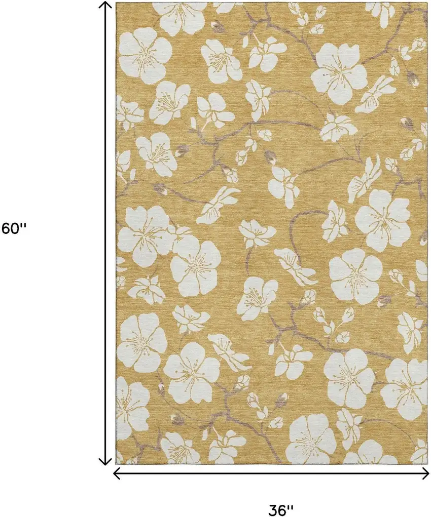 Gold And Ivory Floral Washable Area Rug With UV Protection Photo 8