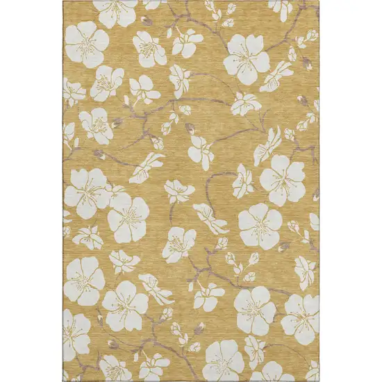 Gold And Ivory Floral Washable Area Rug With UV Protection Photo 1