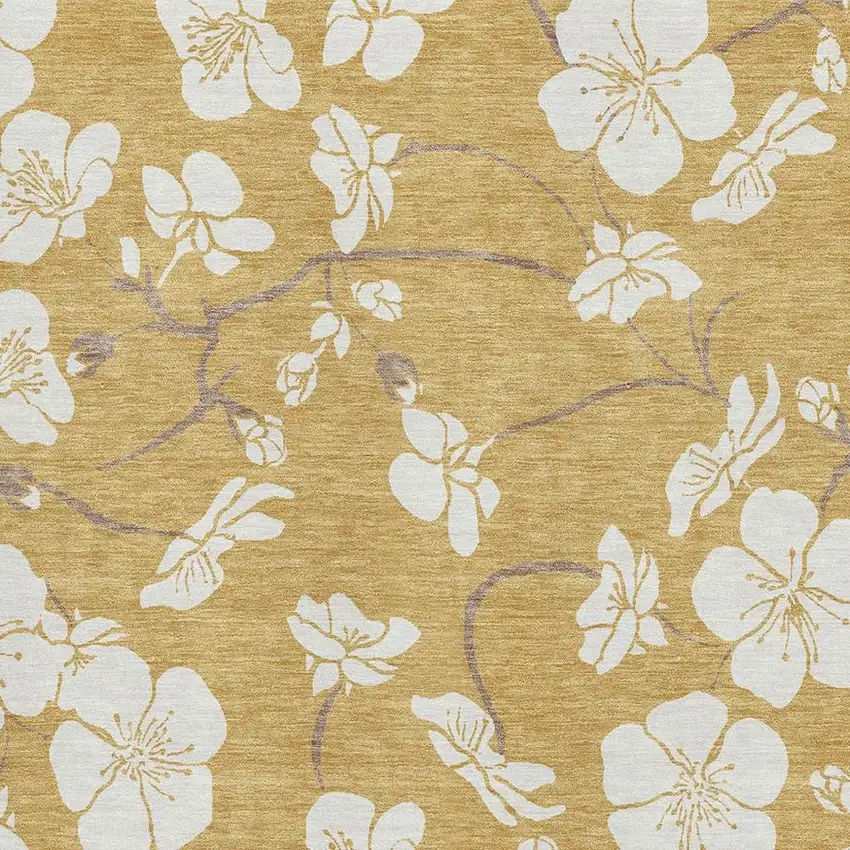 Gold And Ivory Floral Washable Area Rug With UV Protection Photo 2
