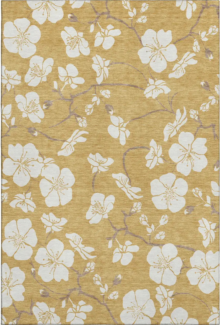 Gold And Ivory Floral Washable Area Rug With UV Protection Photo 1