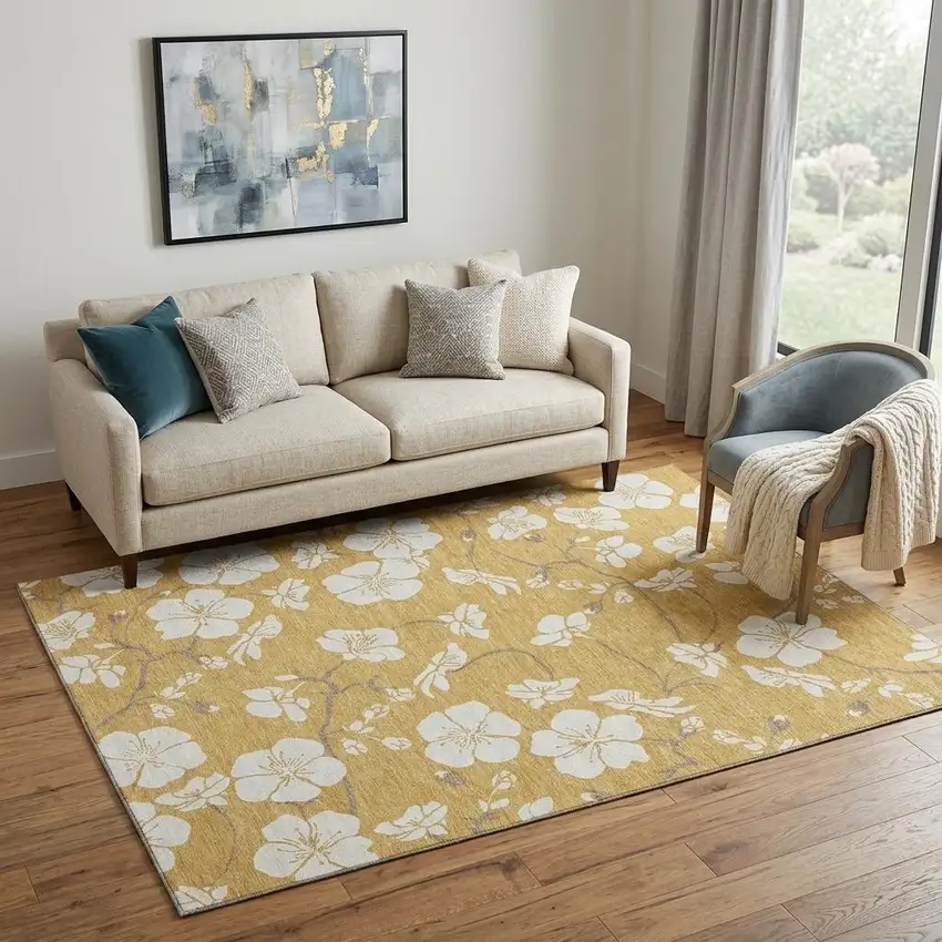 Gold And Ivory Floral Washable Area Rug With UV Protection Photo 1