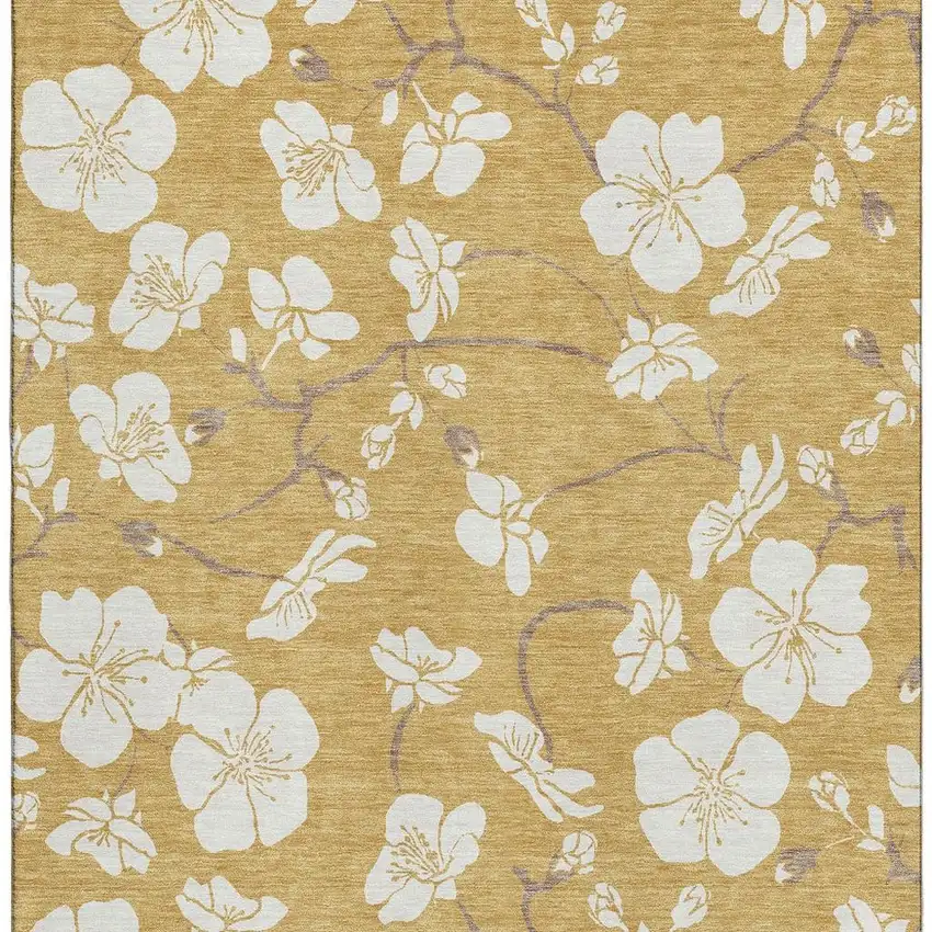 Gold And Ivory Floral Washable Area Rug With UV Protection Photo 2