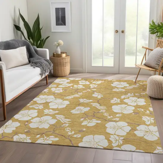 Gold And Ivory Floral Washable Area Rug With UV Protection Photo 5