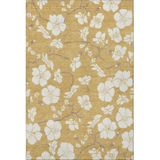 Gold And Ivory Floral Washable Area Rug With UV Protection Photo 3