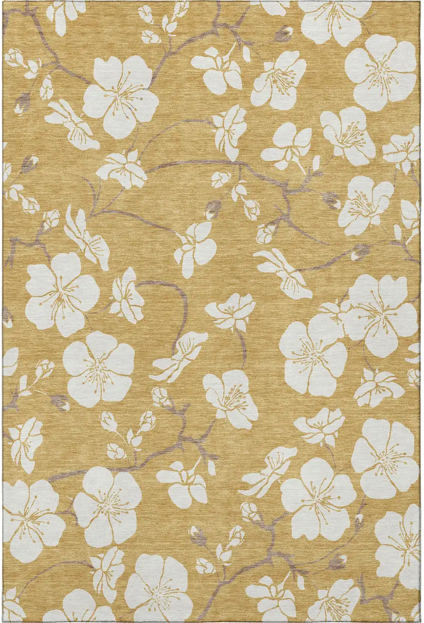 Gold And Ivory Floral Washable Area Rug With UV Protection Photo 3