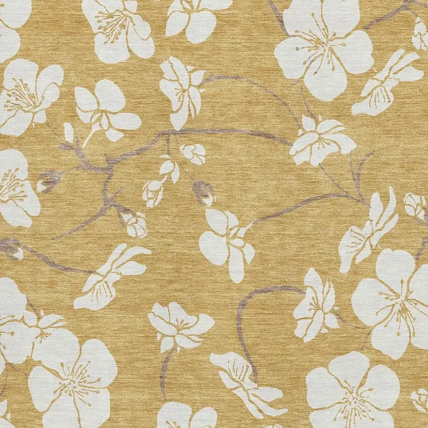 Gold And Ivory Floral Washable Area Rug With UV Protection Photo 2