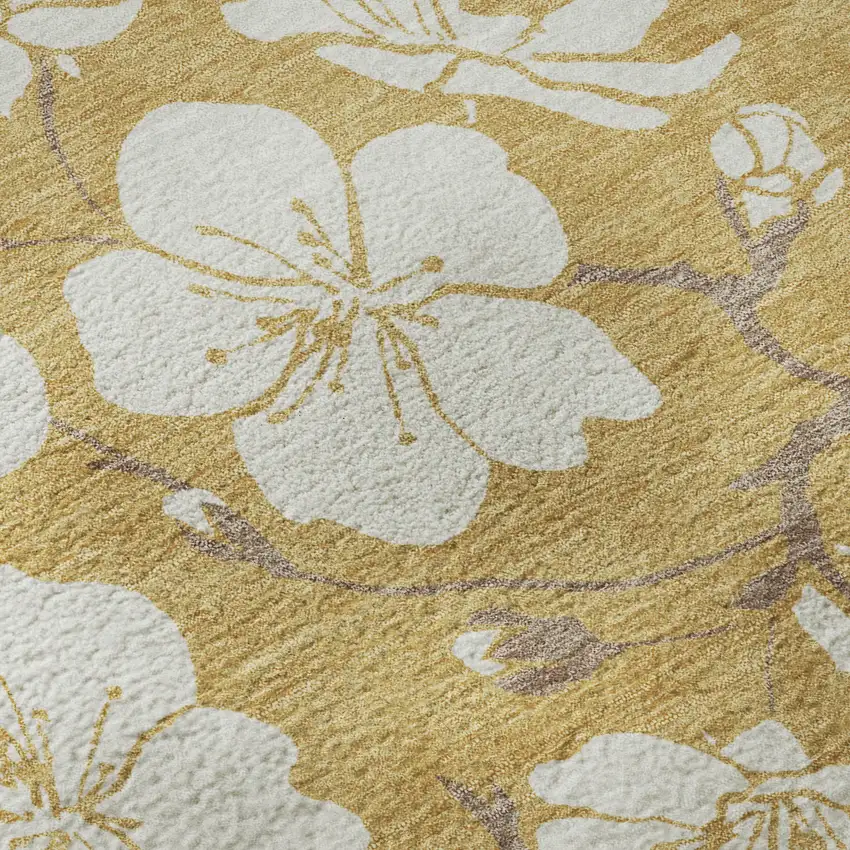 Gold And Ivory Floral Washable Area Rug With UV Protection Photo 9