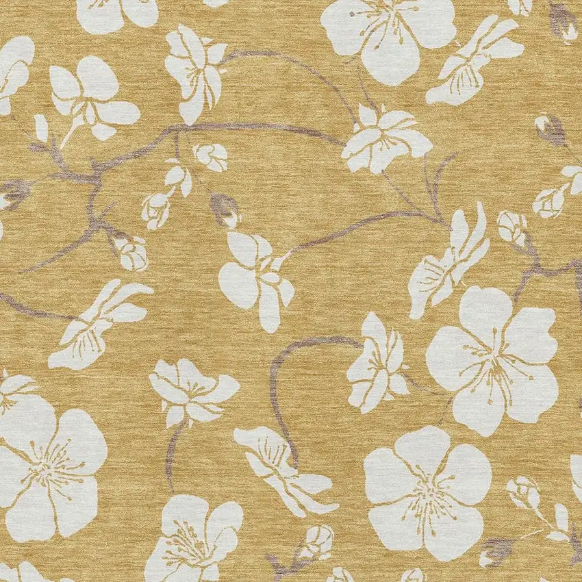 Gold And Ivory Floral Washable Area Rug With UV Protection Photo 2